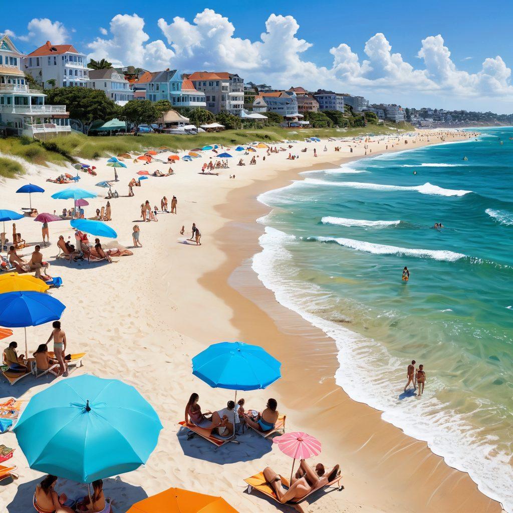 A vibrant scene depicting a sun-kissed beach filled with diverse people showcasing the latest bikini trends and beachwear fashion, colorful umbrellas dotting the sandy shore, gentle waves lapping at the water's edge, a clear blue sky with fluffy clouds, and playful beach activities in the background. super-realistic. vibrant colors. summer vibe. white background.